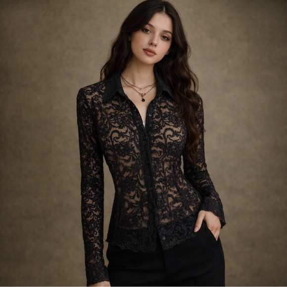 Vintage Tops - Y2K Black Lace Sheer Button Up Top | Whimsigoth Vampy Goth Romantic Blouse
